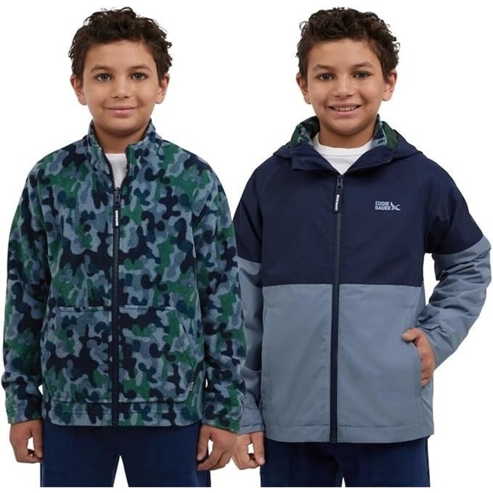 NWT Eddie Bauer Coat Boys Sz 18/20 XL Blue 3-in-1 Jacket Camo Zip In Fleece Hood - Picture 3 of 8
